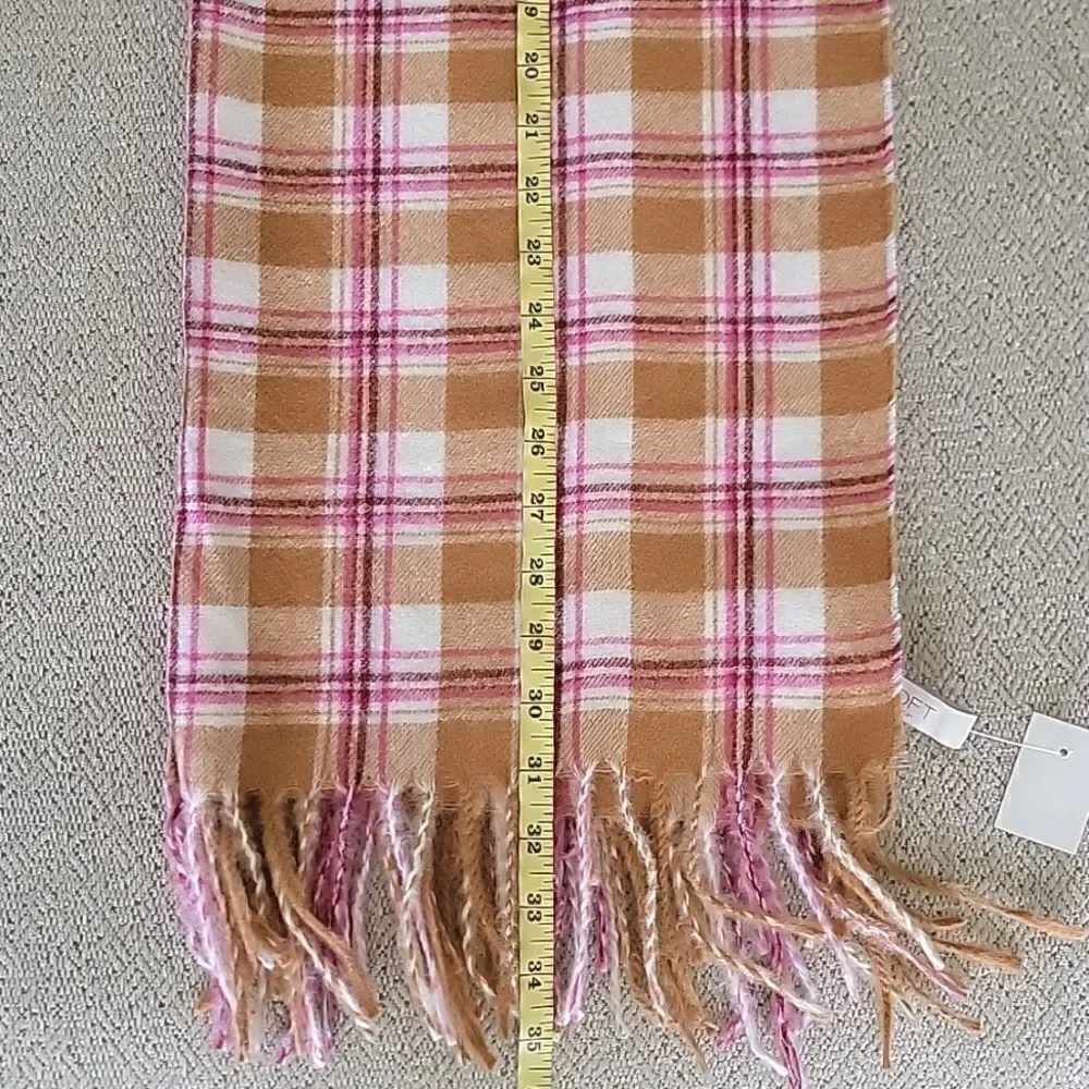 LOFT Outlet Plaid Cream Caramel Brown Pink Maroon Fringed Hem Winter Scarf